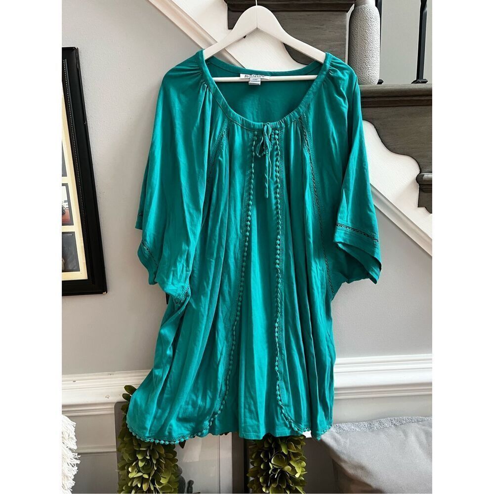 Roaman’s Aqua Green Crochet Tie & Pompom Trim Top sz 5X EUC